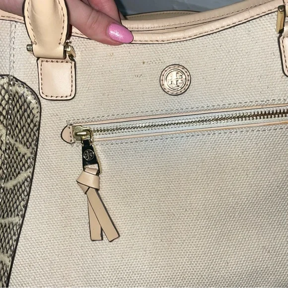 Tory Burch Frances Snakeskin Canvas Satchel Shoulder Bag - Picture 6 of 7